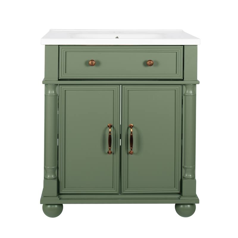 27.8-Inch Mid-Century Bathroom Vanity Sink with Roman Column Base, Farmhouse Freestanding Storage Cabinet