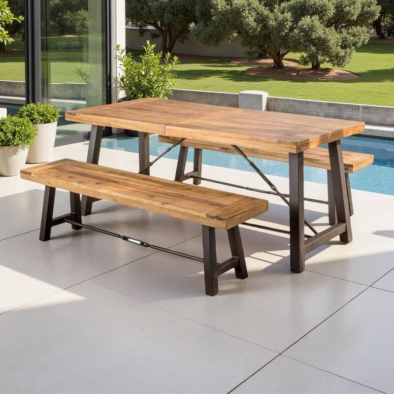 3-Piece Outdoor Patio Picnic Dining Set with 2 Benches, Acacia Wood and Metal Frame - Teak