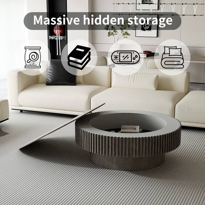 39.37" Round Coffee Table with Storage Solid Wood Veneered Modern Accent Table for Living Room or Bedroom