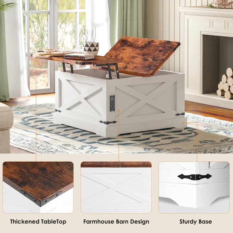 Square Lift-Top Center Table, Coffee Table with Barn Door, Sofa Table with Built-In USB, Dining Table with Power Outlets
