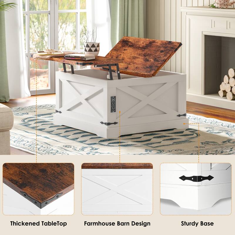 Square Lift-Top Center Table, Sofa Table with Built-In USB, Coffee Table with Barn Door, Dining Table with Power Outlets