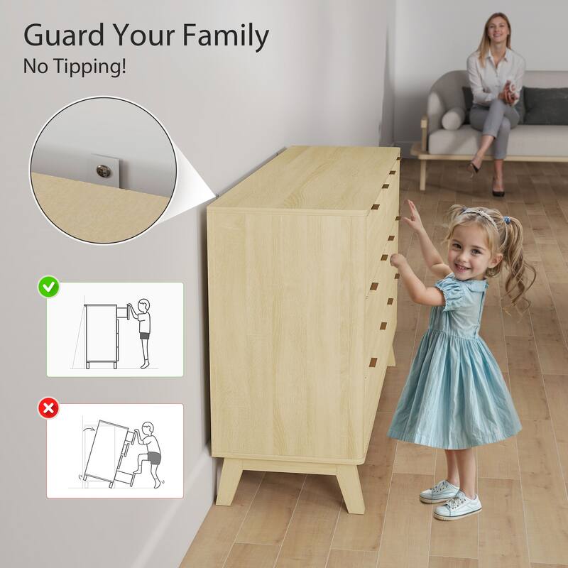HOMCOM Fluted Dresser for Bedroom with 6 Drawers, 54" Wide Chest of Drawers with Gold Finger Pulls and 5 Wood Legs