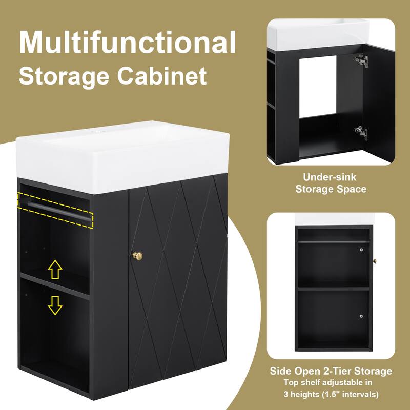 20 Inch Bathroom Vanity with Ceramic Sink, Diamond Pattern Door Design, Gold Handle & Side Storage Shelves