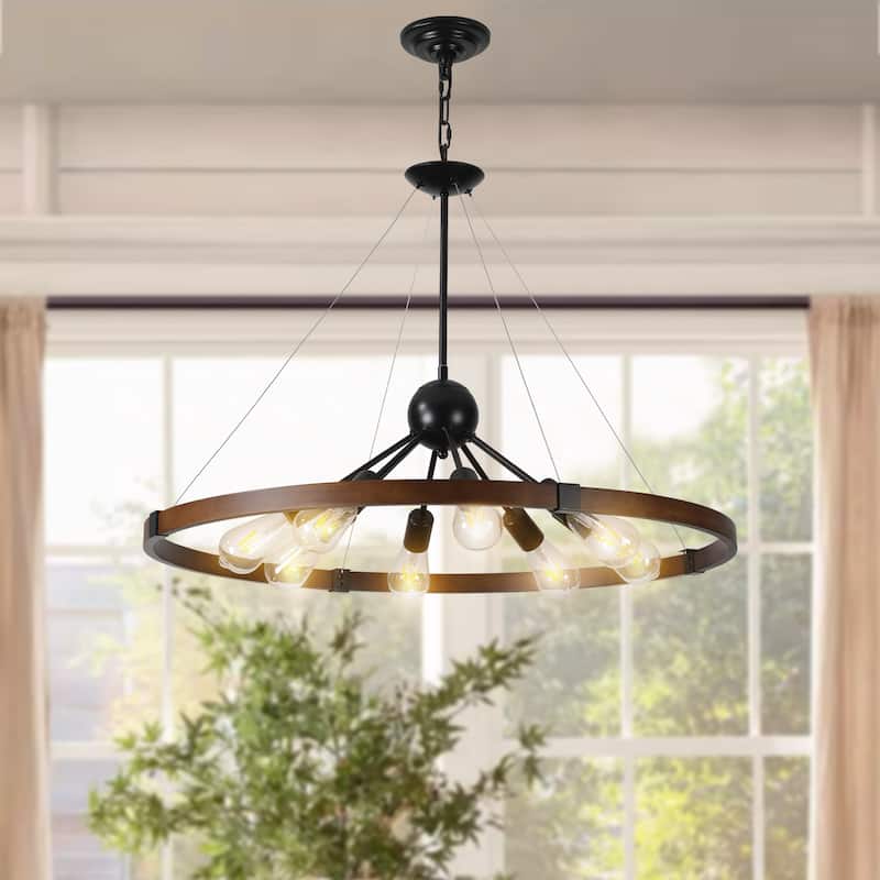 Farmhouse Brown 8-Light Wagon Wheel Chandelier for Dining Room