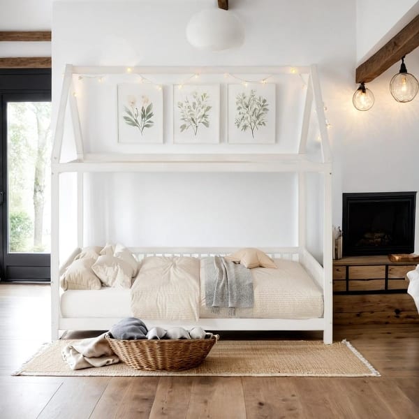 slide 2 of 11, White Full Size House Bed with Guardrail, Kids Bed with LED and Headboards Full