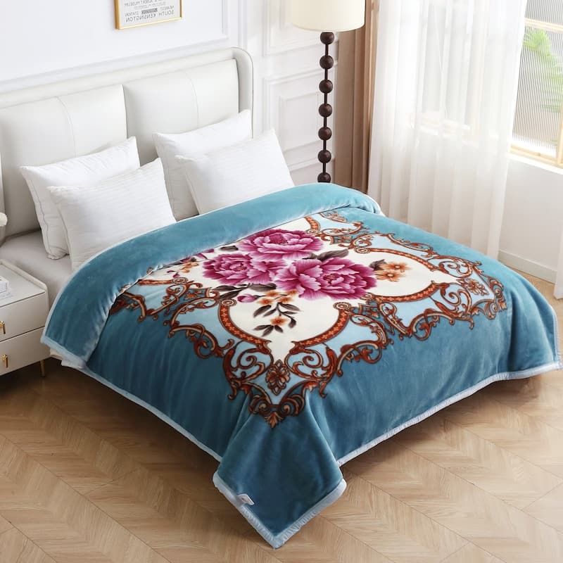 Raschel A&B Printed 2-ply Reversible Korean-style Plush Fleece Blanket - Queen - Blue Floral