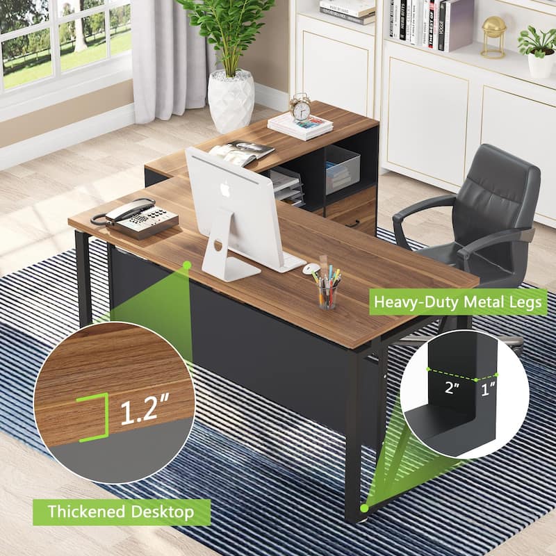 L-Shaped Computer Desk, 55 inches Executive Desk with lateral File Cabinet