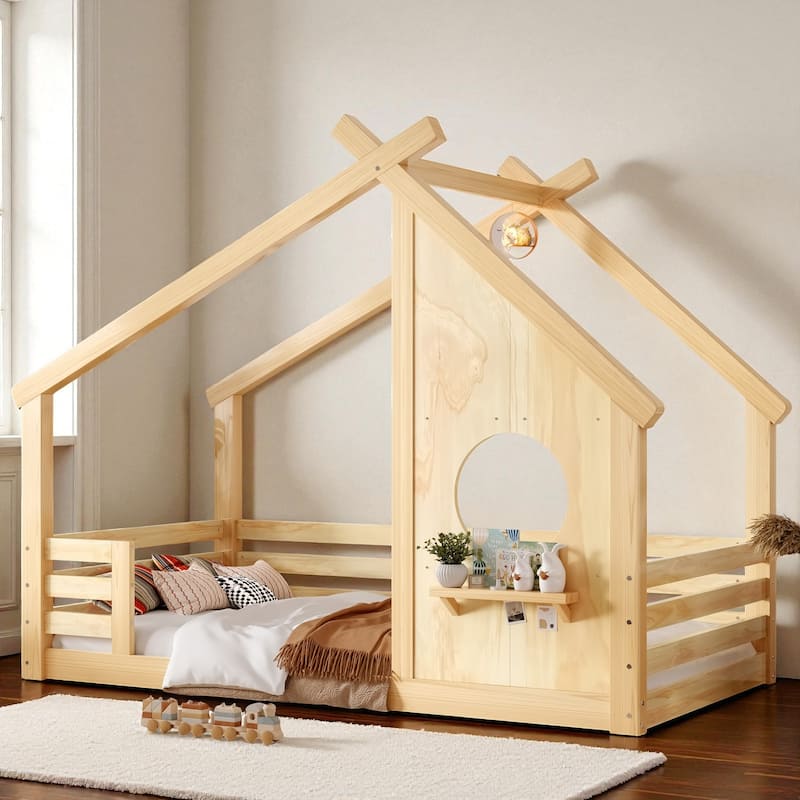 Twin/Full Size Solid Wood House Floor Bed with Window and Shelf, Montessori Low Bed Frame for Kids, No Box Spring Needed