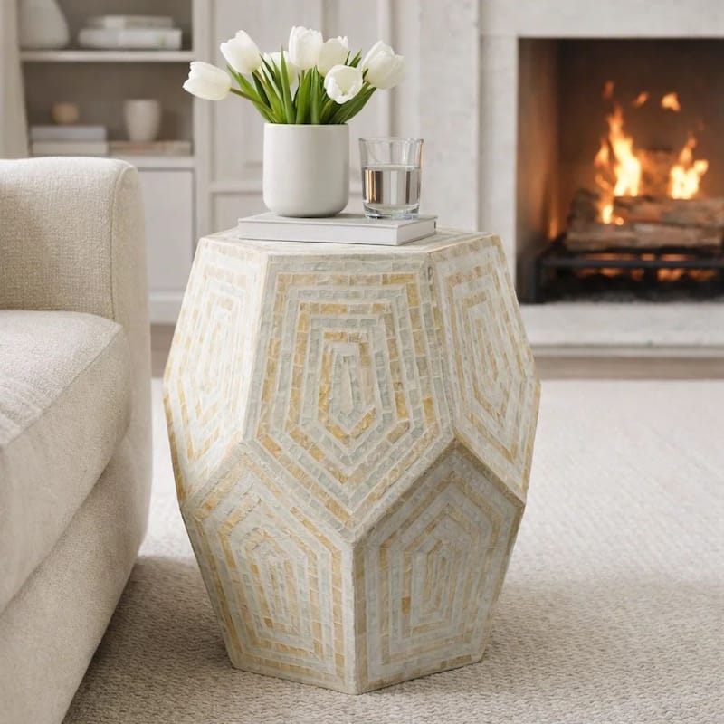 21 Inch Capiz Accent Stool Table, Hexagonal Drum, Angled Look, Beige White