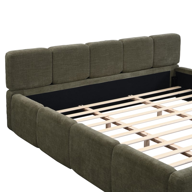 Modern Upholstered Bed Frame Block Style Grounded Bed with Thick Headboard, Lowprofile Wingback Bed Floor Bed Platform Bed Frame