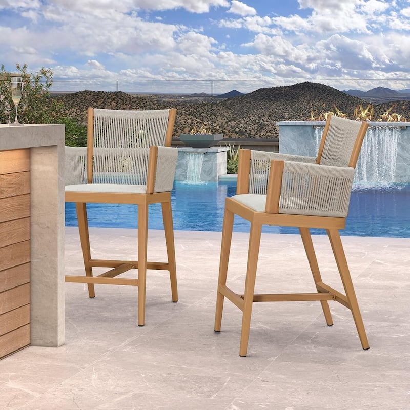 PURPLE LEAF Outdoor Bar Stools Chair Set of 2, All Weather Rattan and Aluminum Patio Bar Stool with Cushion - Brown-counter stool