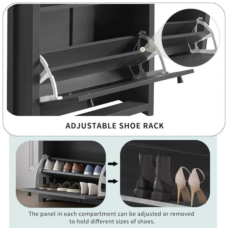 Roomfitters Modern Entryway Shoe Cabinet with Wood Grain Top, 2 Flip Compartments and Adjustable Panel, Free Standing Organizer