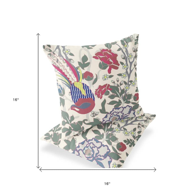 HomeRoots Set of Two 16" X 16" Red and White Peacock Blown Seam Floral Indoor Outdoor Throw Pillow - 16.00' X '16.00' X '5.00