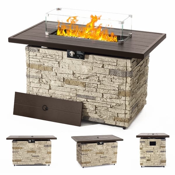 43" Propane Fire Pit Table, 50,000 BTU Faux Stone Fire Pit for Gatherings, CSA Certified Fire Table - Buff