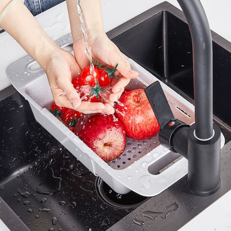 Javlergo Gray Collapsible Over the Sink Colander Adjustable Length PP Plastic Strainer Basket with Side Handles for Fruits