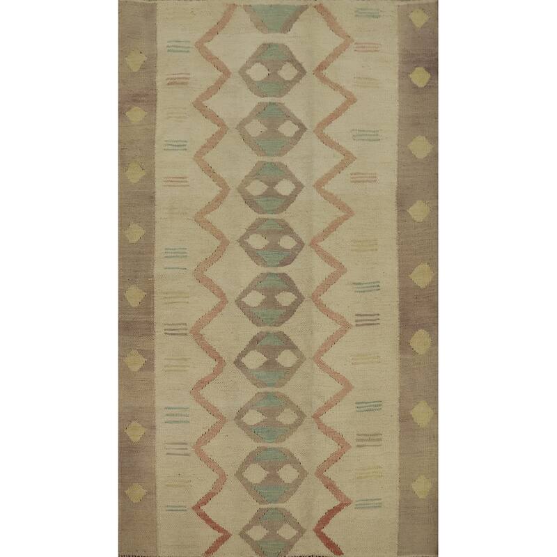 Hand Woven Oriental 100% Wool Carpet Southwestern Tribal Beige & Ivories Kilim Area Rug - 4' 7'' X 3' 1''