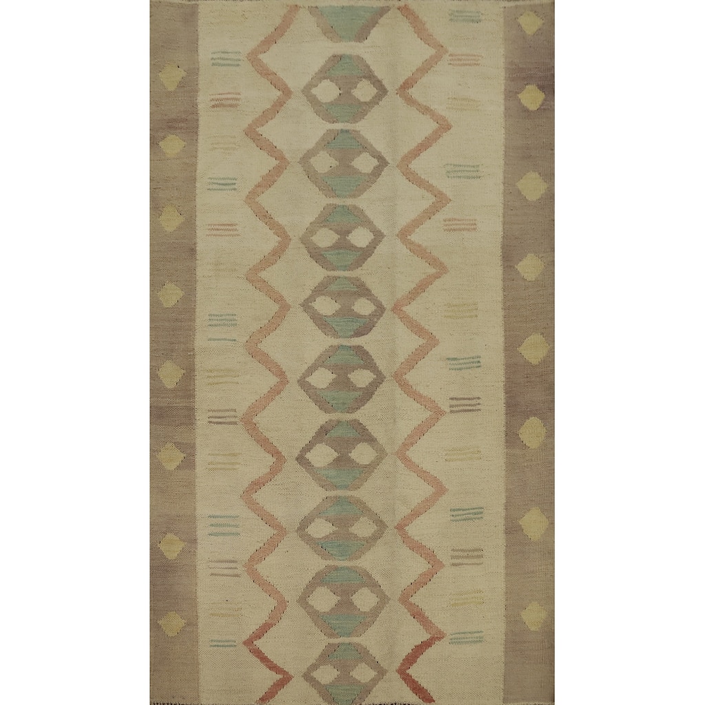 Hand Woven Oriental 100% Wool Carpet Southwestern Tribal Beige & Ivories Kilim Area Rug - 4' 7'' X 3' 1''