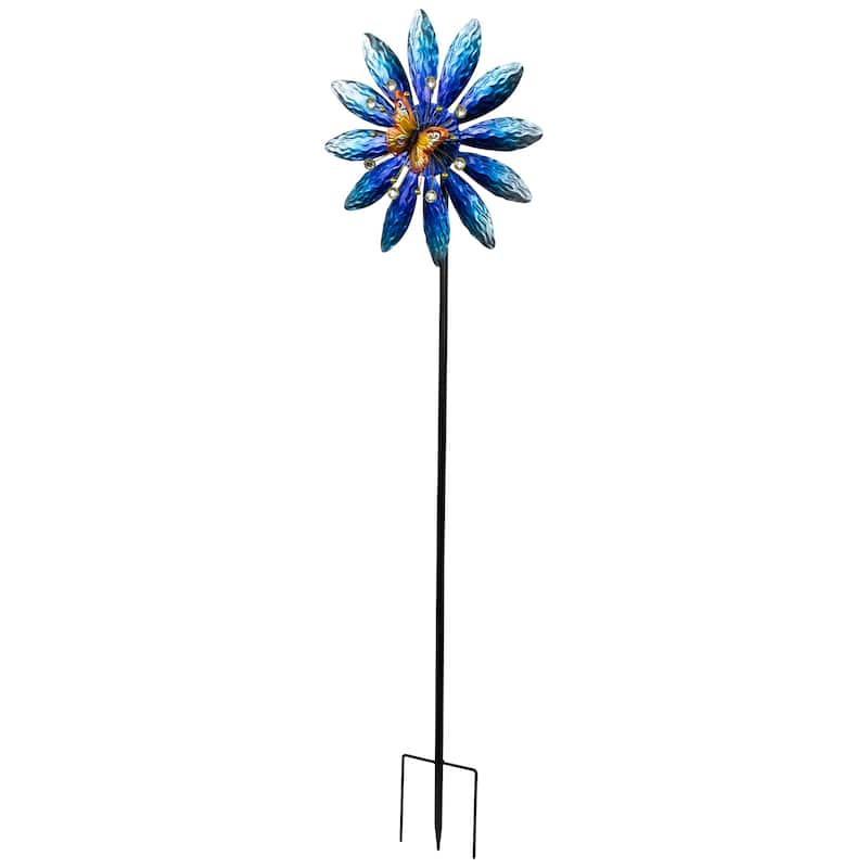 Blue Flower with Butterfly Outdoor Pinwheel Garden Stake - 4'
