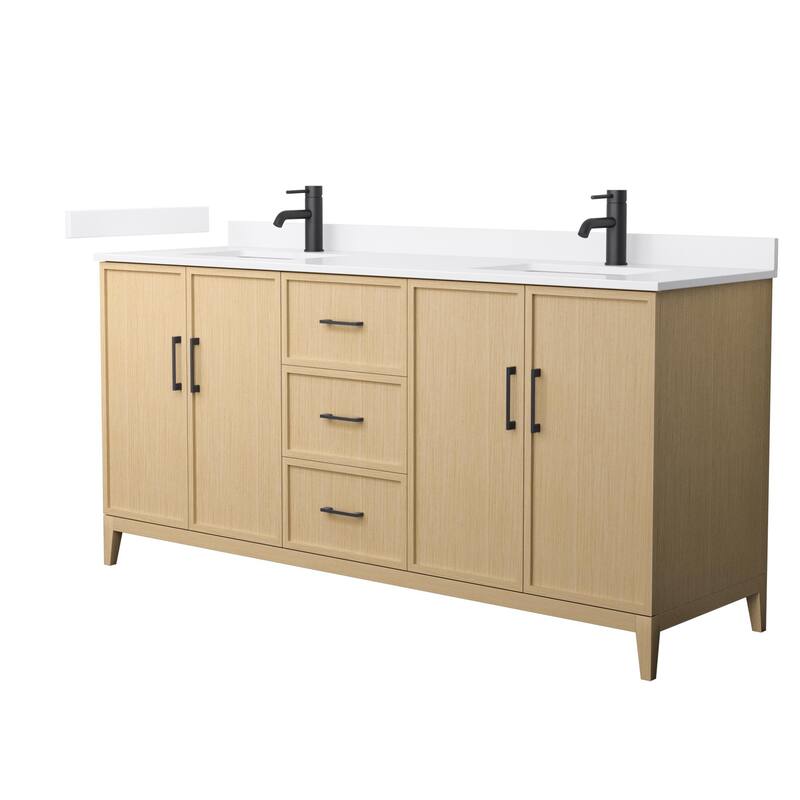 Elan 72-inch Double Vanity, Cultured Marble Top - White Oak, Black Trim, White Cultured Marble Top