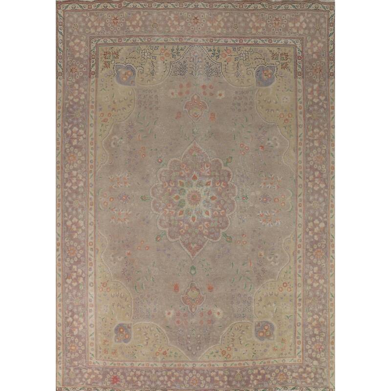 Distressed Brown Tabriz Persian Area Rug Hand-Knotted Wool Carpet - 9'8"x 12'11"