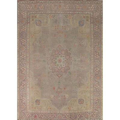 Distressed Brown Tabriz Persian Area Rug Hand-Knotted Wool Carpet - 9'8"x 12'11"