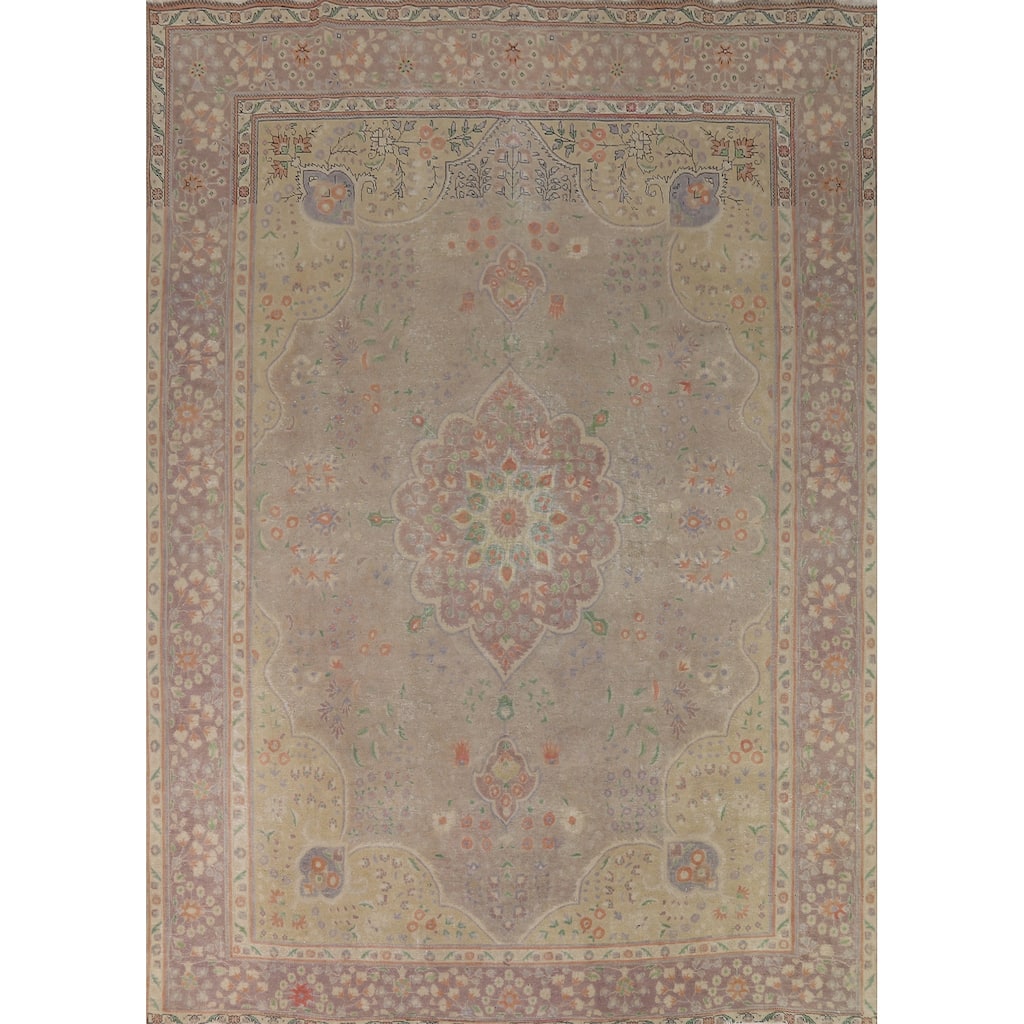 Distressed Brown Tabriz Persian Area Rug Hand-Knotted Wool Carpet - 9'8"x 12'11"