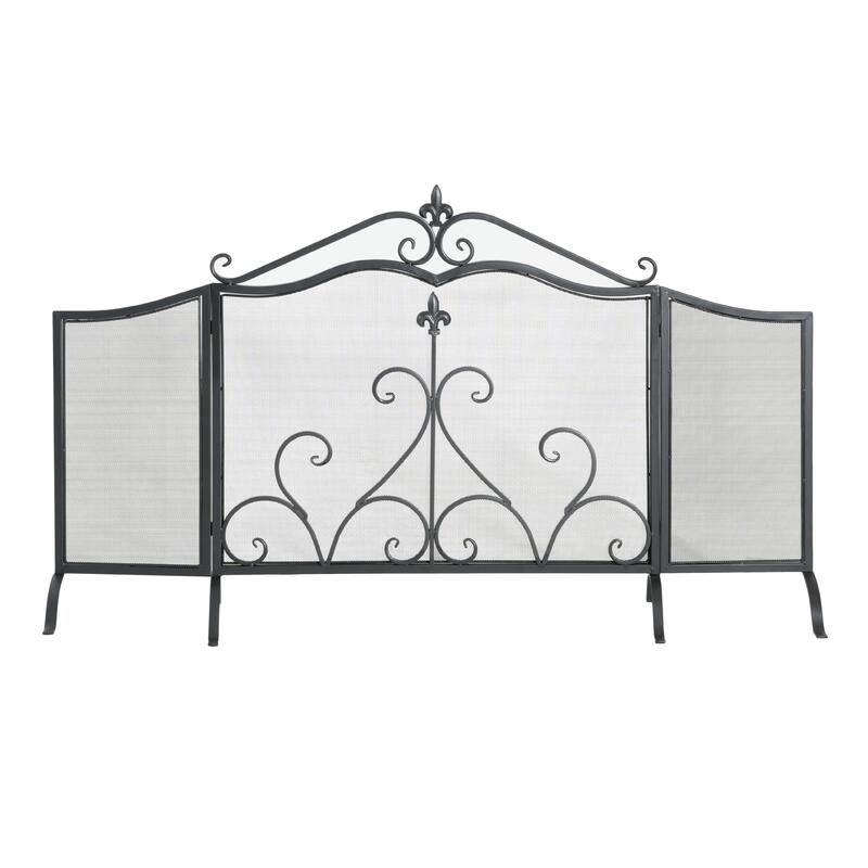 Roomfitters Onyx 3-Panel Iron Fireplace Screen with Fleur-de-Lis Scrollwork, Black Finish