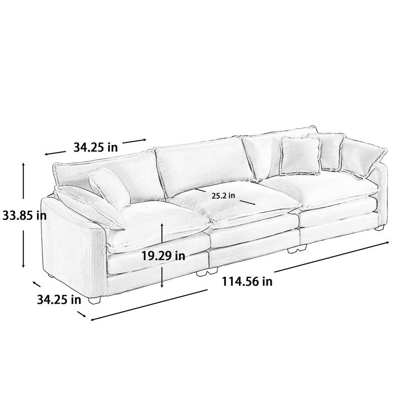 GDFStudio-Shanks Corduroy Three-Seater Sofa with Arm and Throw Pillows