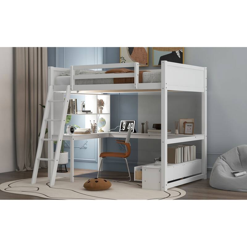 Loft Bed with L-shaped Multi-storage Desk, LED light and USB Charging Station, Storage Bench with 2 Drawers