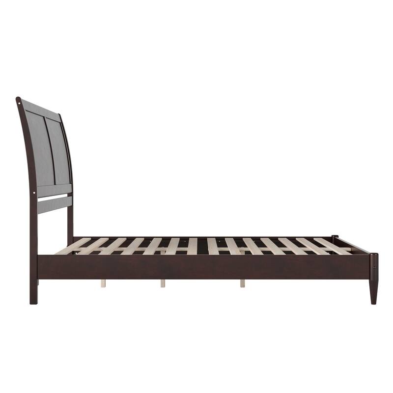 Queen Size Wood Platform Bed - Low Profile Sleigh Design, Espresso Finish, Slats Included