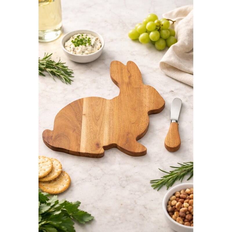 10" Spring Easter Bunny Rabbit Shape Smooth Acacia Wood 2-Piece Serving Charcuterie Platter Tray w/ Cheese Spreader Knife