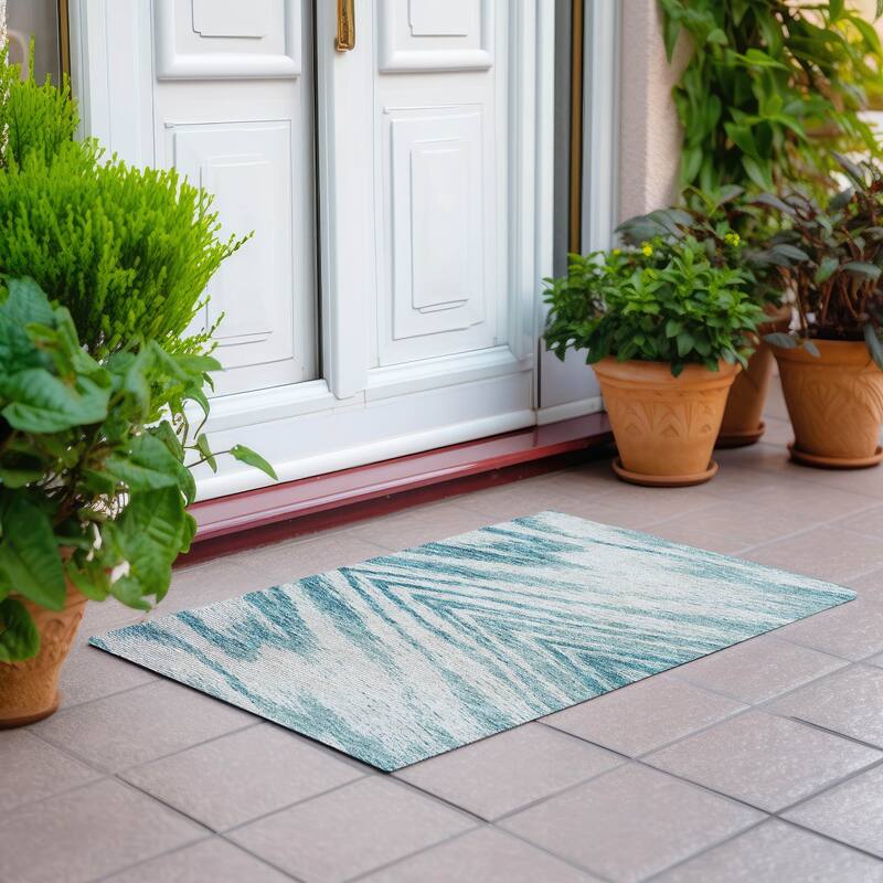 Machine Washable Indoor/ Outdoor Chantille Chevron Modern Rug - Teal - 1'8" x 2'6"