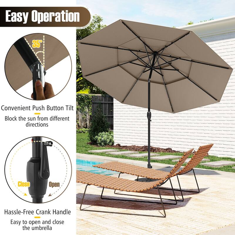 Polyester 10.3ft Solar LED Patio Umbrella with Auto Tilt and Crank