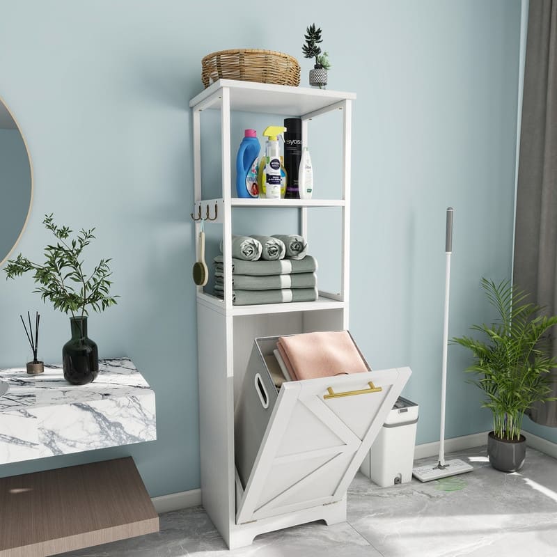 Moasis 53"H 3-Tier Tilt Out Laundry Hamper Bathroom Storage Shelf Cabinet with Basket