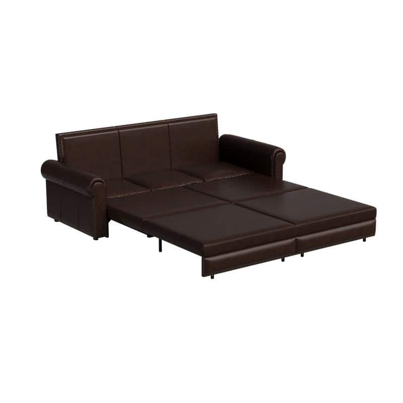 3-in-1 King Pull Out Sofa Bed Chesterfield Sofa, Velvet/Faux Leather Convertible Sleeper Sofa with Nailhead Trim & Rolled Arm