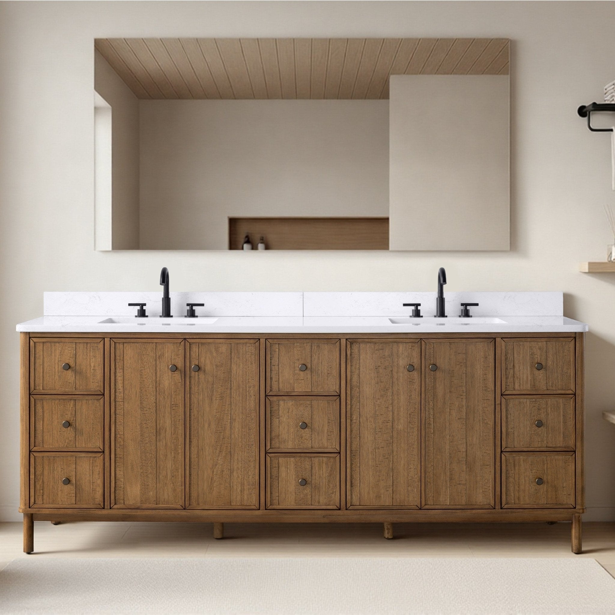 Vanity Art Lugano Freestanding Bathroom Vanity with Stone Top, Hidden Power Station, Hair Dryer Holder, USB Charging Shelf