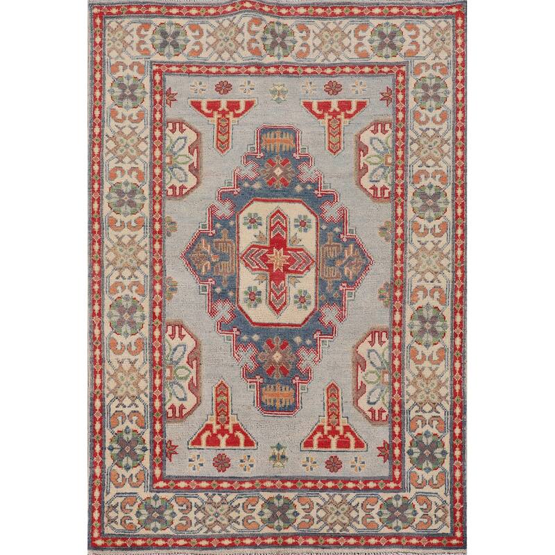 Geometric Grey Kazak Oriental Accent Rug Hand-Knotted Wool Carpet - 3'3"x 4'11"