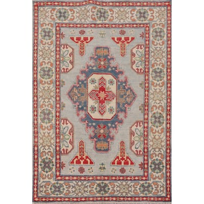 Geometric Grey Kazak Oriental Accent Rug Hand-Knotted Wool Carpet - 3'3"x 4'11"