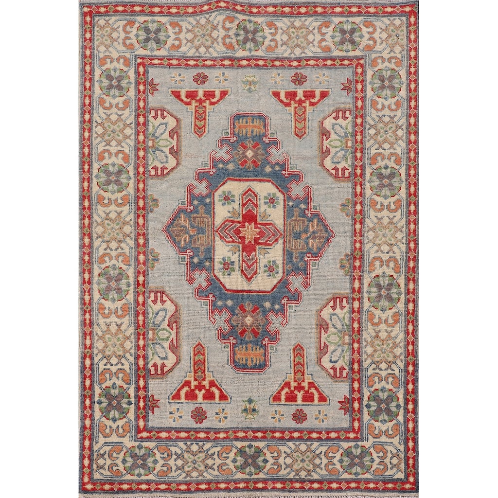 Geometric Grey Kazak Oriental Accent Rug Hand-Knotted Wool Carpet - 3'3"x 4'11"