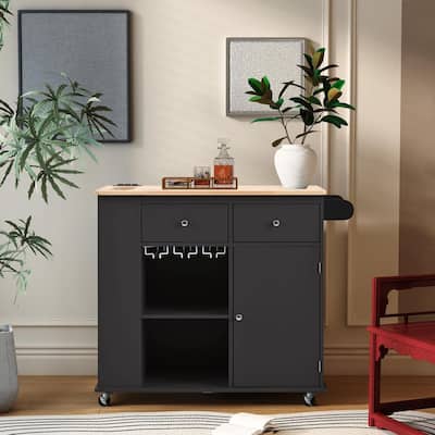 Roomfitters Kitchen Island with Power Outlet, Kitchen Storage Island with Drop Leaf and Rubber Wood, 5 Wheels