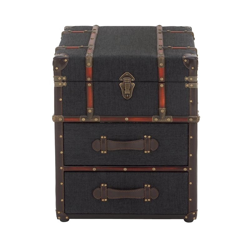 Faux Leather Vintage 2 Drawer Accent Table with Buckle Hinged Top - Dark Brown - Roche River Decor