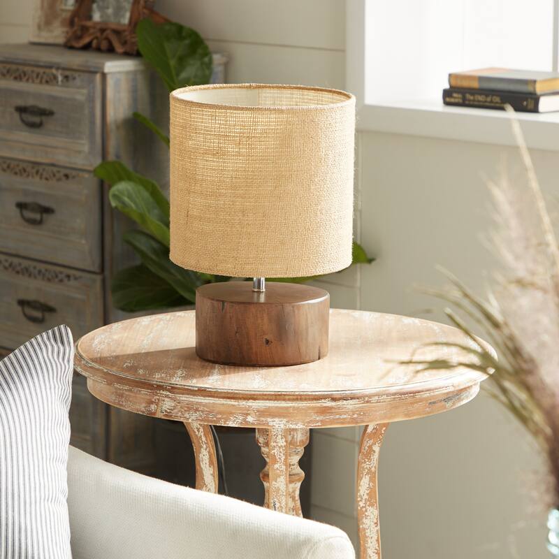 Dark Brown Wood Room Table Lamp with Jute Shade - Brown