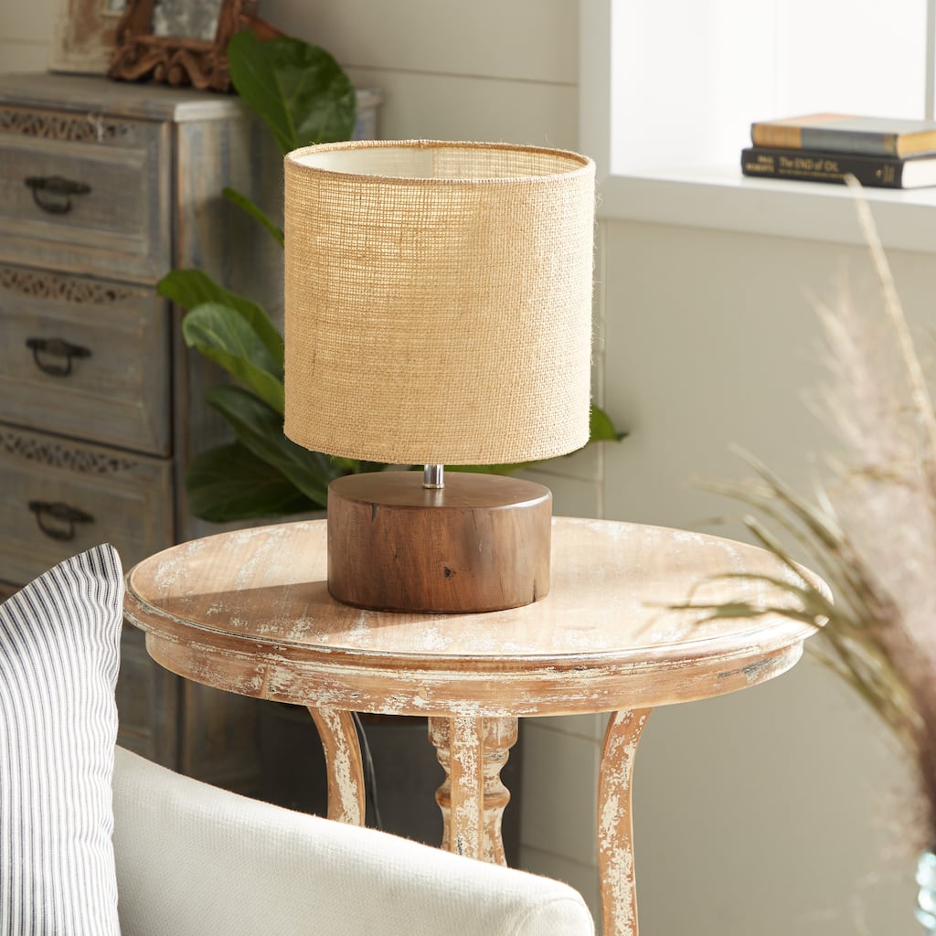 Dark Brown Wood Room Table Lamp with Jute Shade
