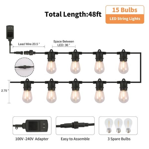 Yuucio Lichtsnoer voor buiten, 45 meter, dimbaar, led, G40, outdoor, met afstandsbediening, 75 2 plastic lampen, waterdicht, hangende gloeilampen, verlichting voor terras, tuin, feest, warm wit