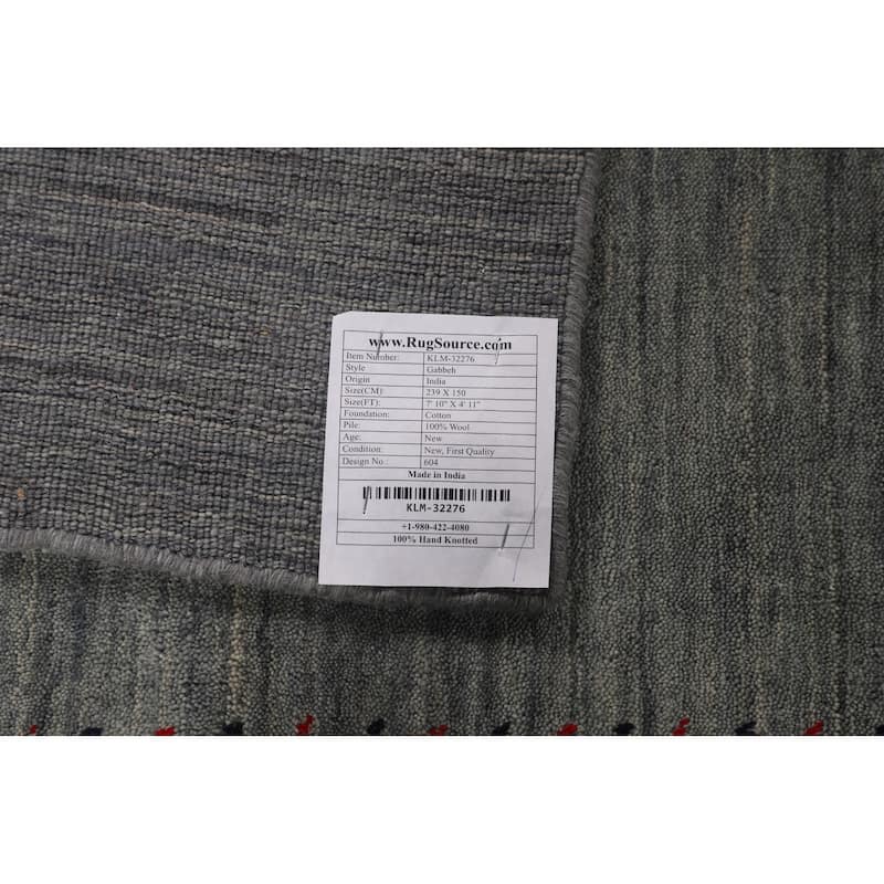 Gray & Green Striped Gabbeh Indian Area Rug Hand-Knotted Wool Carpet - 4'11"x 7'10"