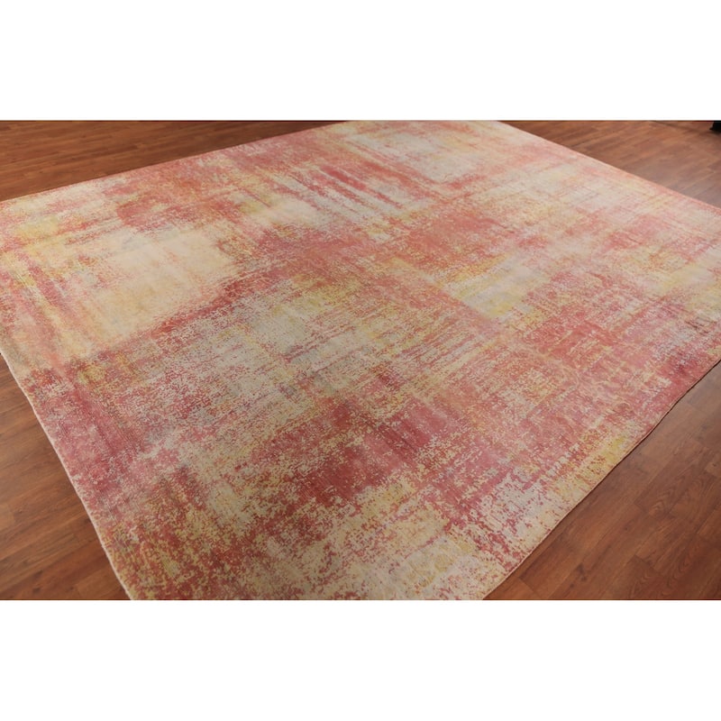 Contemporary Abstract Indian Area Rug Hand-Knotted Orange Wool Carpet - 9'0"x 11'8"