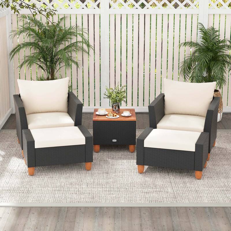 Costway 5 PCS Patio Furniture Set with Storage Table Ottomans Soft - See Details - Black+White - See Details