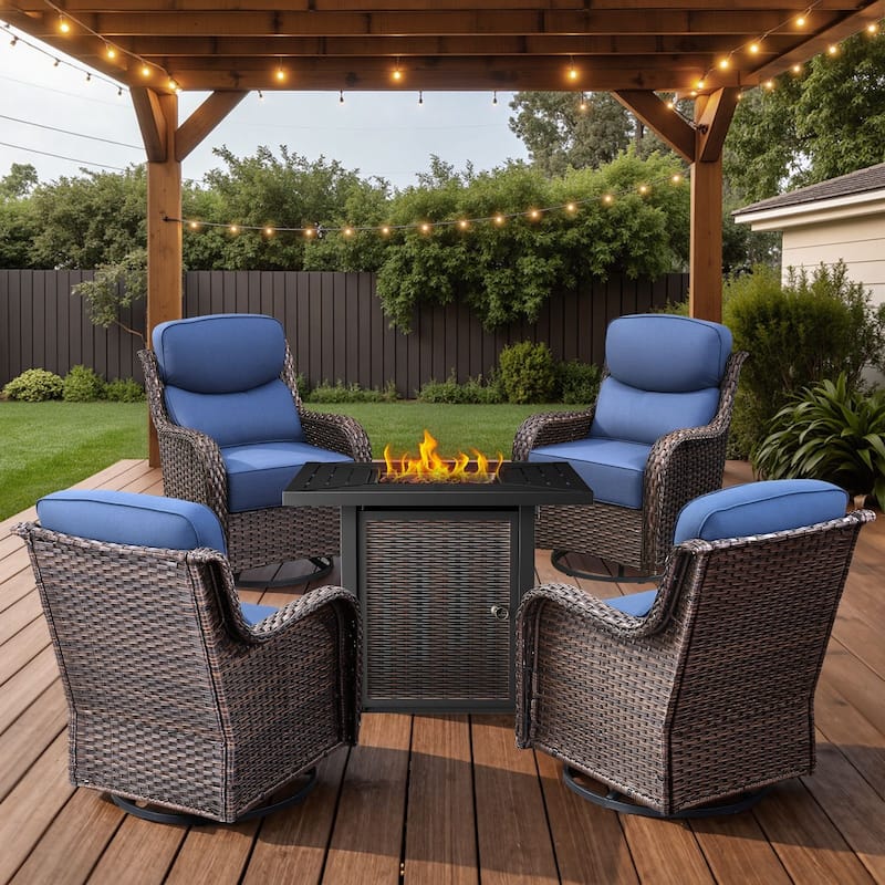Arcadia 5-Piece Wicker Patio Set with 4 Swivel Glider Chairs and Square All-Iron Fire Pit