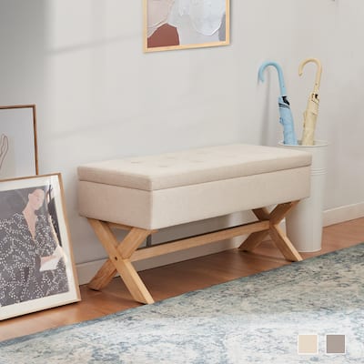HUIMO Entryway Bench Beige/ Grey Upholstered Storage Bench with X-Shaped Legs, 36-inch
