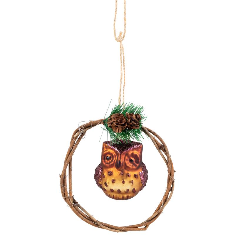 Glittered Owl in a Twig Wreath Glass Christmas Ornament - 5.25" -Brown